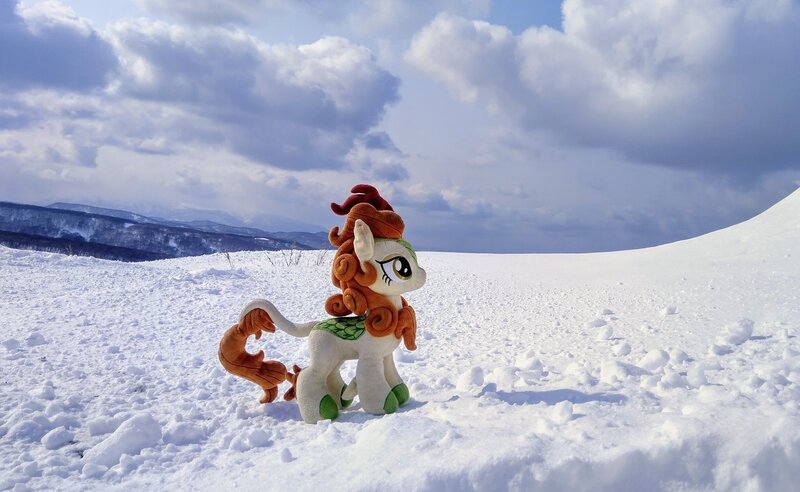 Size: 2048x1260 | Tagged: safe, derpibooru import, photographer:pakapaka1993, autumn blaze, kirin, image, irl, japan, jpeg, photo, plushie, snow, solo, winter