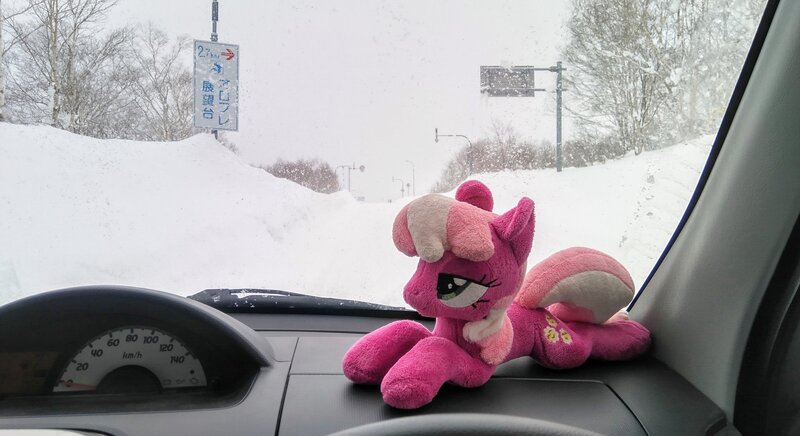 Size: 2048x1117 | Tagged: safe, derpibooru import, photographer:pakapaka1993, cheerilee, earth pony, pony, car, car interior, image, irl, japan, jpeg, photo, plushie, snow, solo, winter