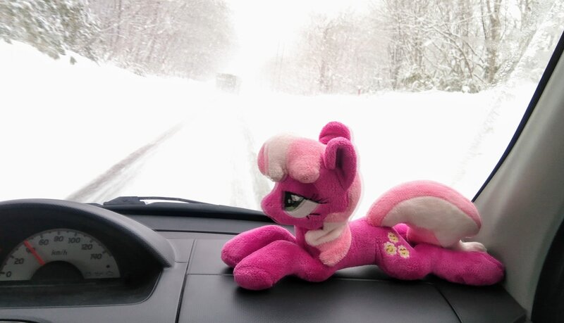 Size: 2048x1175 | Tagged: safe, derpibooru import, photographer:pakapaka1993, cheerilee, earth pony, pony, car, car interior, image, irl, japan, jpeg, photo, plushie, snow, solo, winter