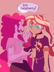 Size: 1536x2048 | Tagged: safe, artist:dreamz, derpibooru import, pinkie pie, sunset shimmer, equestria girls, belt, choker, clothes, cute, diapinkes, duo, ear piercing, earring, eating, female, food, ice cream, image, jeans, jewelry, jpeg, lesbian, open mouth, pants, piercing, shimmerbetes, shipping, shirt, spoon, sunsetpie, t-shirt