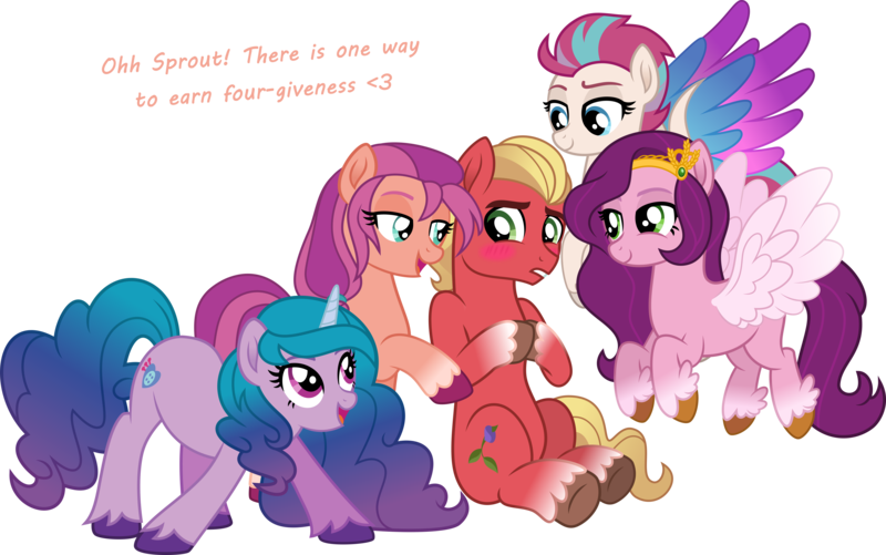Size: 5588x3500 | Tagged: suggestive, artist:limedazzle, derpibooru import, izzy moonbow, pipp petals, sprout cloverleaf, sunny starscout, zipp storm, earth pony, pegasus, pony, unicorn, my little pony: a new generation, bedroom eyes, blushing, female, flying, g5, image, izzysprout, looking at each other, looking at someone, male, mare, nervous, pippsprout, png, shipping, shy, simple background, sitting, smiling, stallion, straight, sunnysprout, text, zippsprout