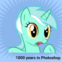Size: 819x819 | Tagged: safe, derpibooru import, edit, vector edit, lyra heartstrings, pony, unicorn, derpibooru, 1000 hours in ms paint, 1000 years in photoshop, bust, female, horn, image, mare, meta, open mouth, png, solo, spoiler image, spoilered image joke, text, vector