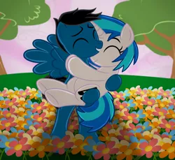 Size: 7200x6600 | Tagged: safe, artist:agkandphotomaker2000, derpibooru import, vinyl scratch, oc, oc:pony video maker, pegasus, pony, unicorn, bipedal, canon x oc, carrying, carrying in arms, female, flower field, hearts and hooves day, holiday, hug, image, male, png, shipping, show accurate, spread wings, standing, straight, tree, valentine's day, videoscratch, wings