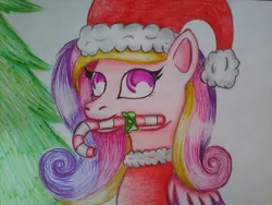 Size: 1600x1200 | Tagged: safe, artist:thebellajaydenart, derpibooru import, princess cadance, alicorn, candy, candy cane, christmas, christmas tree, clothes, costume, food, hat, holiday, image, jpeg, santa costume, santa hat, solo, traditional art, tree