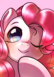 Size: 1430x2048 | Tagged: safe, artist:kurogewapony, derpibooru import, pinkie pie, earth pony, pony, blushing, close-up, cute, diapinkes, female, image, jpeg, looking at you, mare, one eye closed, pink background, simple background, smiling, smiling at you, solo