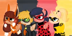 Size: 1308x665 | Tagged: safe, artist:lavender, derpibooru import, pegasus, unicorn, chat noir, crossover, image, ladybug (miraculous ladybug), miraculous ladybug, png, queen bee, volpina