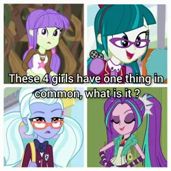 Size: 4096x4096 | Tagged: safe, artist:desconhecido2000, aria blaze, juniper montage, starlight, sugarcoat, dance magic, equestria girls, equestria girls series, legend of everfree, mirror magic, rainbow rocks, spoiler:eqg specials, glasses, image, jpeg, meme, similarities