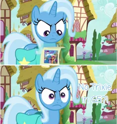 Size: 1080x1144 | Tagged: safe, derpibooru import, edit, edited screencap, screencap, izzy moonbow, sunny starscout, trixie, pony, unicorn, student counsel, angry, angry eyes, caption, g5, glare, image, image macro, meme, png, reaction image, special eyes, text, trixie is not amused, unamused, what the fuck am i reading