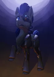 Size: 2800x4000 | Tagged: safe, artist:stardustspix, derpibooru import, oc, unofficial characters only, cyborg, earth pony, pony, abstract background, amputee, black coat, blue mane, freckles, image, looking up, png, prosthetic eye, prosthetic leg, prosthetic limb, prosthetics, raised hoof, solo