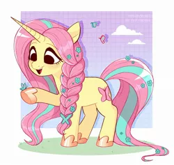 Size: 2204x2087 | Tagged: safe, artist:syrupyyy, derpibooru import, fluttershy, butterfly, insect, pony, unicorn, alternate hairstyle, commission, cute, female, fluttershy (g5 concept leak), g5 concept leak style, g5 concept leaks, grass, hoof shoes, image, jpeg, mare, open mouth, shyabetes, solo, unicorn fluttershy