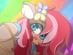 Size: 1280x961 | Tagged: safe, artist:grithcourage, derpibooru import, oc, earth pony, pony, cute, ear fluff, female, flower, flower in hair, image, jpeg, rainbow, simple background