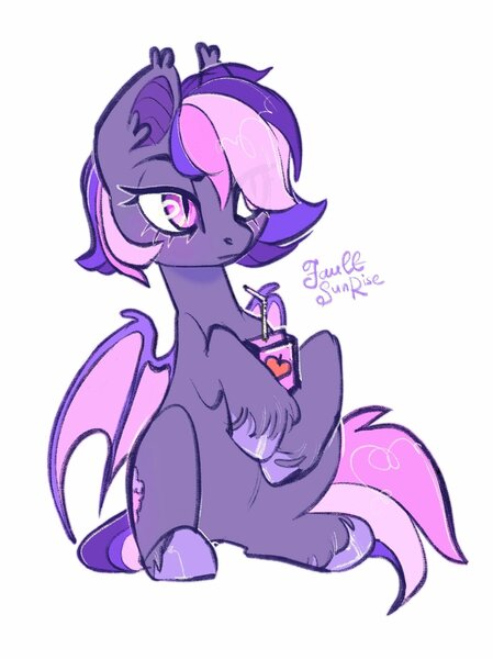 Size: 1532x2048 | Tagged: safe, artist:faultsunrise, derpibooru import, oc, unofficial characters only, bat pony, pony, bat pony oc, bat wings, image, jpeg, juice, juice box, lidded eyes, purple mane, simple background, sitting, solo, unshorn fetlocks, white background, wings