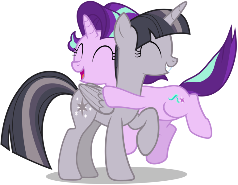 Size: 4000x3112 | Tagged: safe, artist:famousmari5, artist:wardex101, derpibooru import, edit, starlight glimmer, twilight sparkle, twilight sparkle (alicorn), alicorn, pony, unicorn, uncommon bond, cute, discorded, discorded twilight, duo, duo female, eyes closed, female, glimmerbetes, happy, high res, hug, image, open mouth, png, simple background, smiling, transparent background, twiabetes, twilight tragedy, vector