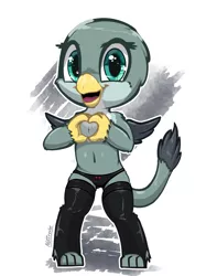 Size: 1247x1663 | Tagged: suggestive, artist:nottrevbe, banned from derpibooru, gabby, gryphon, semi-anthro, beak, bipedal, black underwear, clothes, female, foal, foalcon, heart hands, image, lolicon, looking at you, open beak, open mouth, open smile, panties, png, simple background, smiling, smiling at you, socks, solo, thigh highs, underage, underwear, white background