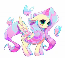 Size: 1384x1240 | Tagged: safe, artist:zzf211, derpibooru import, fluttershy, butterfly, insect, pegasus, pony, blushing, cute, female, floppy ears, image, jpeg, mare, shyabetes, simple background, solo, white background