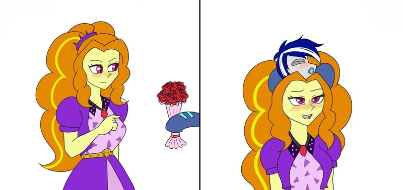 Size: 2048x968 | Tagged: safe, artist:anonymous, derpibooru import, adagio dazzle, oc, oc:ivislor, oc:ivislor odzi, cyborg, cyborg pony, pony, robot, robot pony, equestria girls, blushing, commission, commissioner:iv's, disguise, disguised siren, flower, image, jewelry, jpeg, tiara