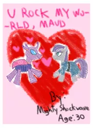 Size: 800x1100 | Tagged: safe, artist:mightyshockwave, derpibooru import, maud pie, oc, oc:maxilla, changedling, changeling, canon x oc, changedling oc, changeling oc, crayon, heart, hearts and hooves day, image, png