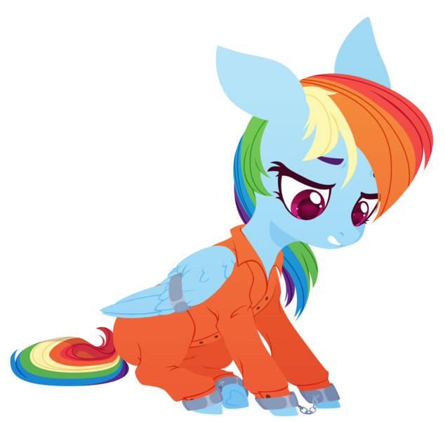 Size: 3171x3000 | Tagged: safe, artist:belka-sempai, derpibooru import, rainbow dash, pegasus, clothes, cuffed, cuffs, image, looking down, never doubt rainbowdash69's involvement, png, prison outfit, prisoner, prisoner rd, shackles, simple background, solo, transparent background, wing cuffs