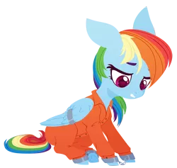 Size: 3171x3000 | Tagged: safe, artist:belka-sempai, derpibooru import, rainbow dash, pegasus, clothes, cuffed, cuffs, image, looking down, never doubt rainbowdash69's involvement, png, prison outfit, prisoner, prisoner rd, shackles, simple background, solo, transparent background, wing cuffs