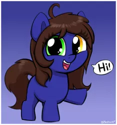 Size: 1514x1618 | Tagged: safe, artist:heretichesh, derpibooru import, oc, unofficial characters only, earth pony, pony, cute, female, filly, foal, gradient background, heterochromia, hi, image, jpeg, ocbetes, open mouth, open smile, smiling, solo, speech bubble, talking to viewer, waving