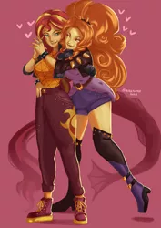 Size: 1240x1754 | Tagged: safe, artist:nire, derpibooru import, adagio dazzle, sunset shimmer, equestria girls, bedroom eyes, boots, bracelet, clothes, duo, duo female, embrace, eyeshadow, female, high heel boots, holding hands, hug, hug from behind, image, jacket, lesbian, lipstick, looking at each other, looking at someone, makeup, nail polish, png, shipping, shoes, shorts, smiling, spiked headband, spiked wristband, sunsagio, tail, wristband