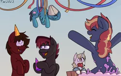Size: 2238x1408 | Tagged: safe, artist:beefgummies, derpibooru import, oc, oc:alatar doom, oc:beefgummies, oc:fat jellyfish, oc:sweeden, oc:the magical pony dude, unofficial characters only, earth pony, pegasus, pony, unicorn, apple bobbing, barrel, birthday, curly mane, eyes closed, food, frosting, hat, image, lampshade, lampshade hat, laughing, lidded eyes, ocs everywhere, party, party hat, png, popping out of a cake, streamers, two toned mane, wingding eyes