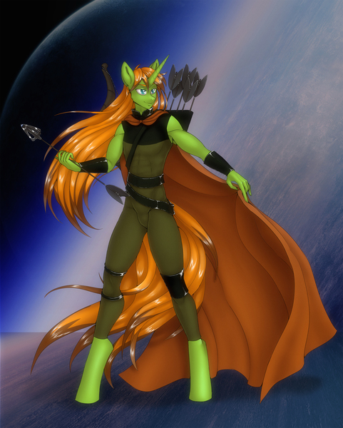 Size: 2900x3620 | Tagged: safe, artist:pony straponi, derpibooru import, oc, oc:arc pyre, unofficial characters only, anthro, unguligrade anthro, unicorn, arrow, bow (weapon), bow and arrow, cloak, clothes, image, jpeg, male, quiver, solo, standing, weapon