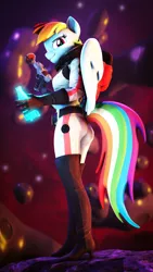 Size: 4320x7680 | Tagged: safe, artist:lagmanor, derpibooru import, rainbow dash, ponified, anthro, pegasus, plantigrade anthro, pony, 3d, asteroid, fallout, female, image, looking at you, looking back, looking back at you, nebula, nuka cola, nuka cola quantum, nuka girl, png, smiling, smiling at you, solo, solo female, source filmmaker, space, stars, tail, vignette