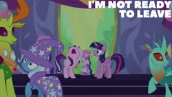 Size: 1920x1080 | Tagged: safe, derpibooru import, edit, edited screencap, editor:quoterific, screencap, starlight glimmer, thorax, trixie, twilight sparkle, twilight sparkle (alicorn), alicorn, changedling, changeling, pony, unicorn, celestial advice, season 7, cape, clothes, female, hat, image, king thorax, male, mare, nose in the air, open mouth, png, trixie's cape, trixie's hat, twilight's castle