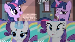 Size: 4400x2475 | Tagged: safe, derpibooru import, edit, edited screencap, editor:quoterific, screencap, rarity, twilight sparkle, twilight sparkle (alicorn), alicorn, pony, unicorn, rarity takes manehattan, season 4, duo, friendship express, grin, image, locomotive, magic, open mouth, open smile, png, smiling, steam locomotive, telekinesis, train