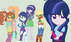Size: 1382x810 | Tagged: safe, artist:daisy-lemur101, derpibooru import, oc, unofficial characters only, dracony, hybrid, equestria girls, base used, boots, braid, clothes, cowboy boots, crossed arms, female, freckles, gloves, green background, group, hand on hip, hands behind back, horn, image, interspecies offspring, jeans, long gloves, long hair, long sleeves, offspring, pants, parent:applejack, parent:big macintosh, parent:cheese sandwich, parent:flash sentry, parent:fluttershy, parent:pinkie pie, parent:rainbow dash, parent:rarity, parent:soarin', parent:spike, parent:trouble shoes, parent:troubleshoes clyde, parent:twilight sparkle, parents:cheesepie, parents:flashlight, parents:fluttermac, parents:soarindash, parents:sparity, parents:troublejack, platform shoes, png, ponytail, shirt, shoes, short sleeves, simple background, skirt, smiling, socks, stockings, sweater, thigh highs