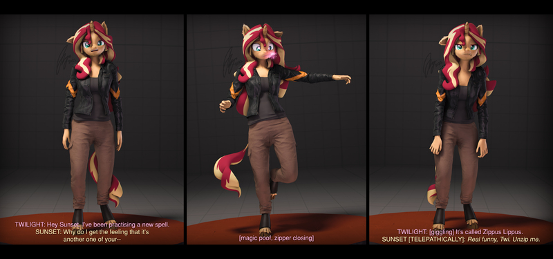 Size: 11520x5400 | Tagged: safe, artist:imafutureguitarhero, derpibooru import, sunset shimmer, anthro, classical unicorn, pony, unguligrade anthro, unicorn, 3d, absurd file size, absurd resolution, arm fluff, black bars, boots, cargo pants, cheek fluff, chest fluff, chest freckles, chromatic aberration, clothes, cloven hooves, colored eyebrows, colored eyelashes, derpibooru exclusive, descriptive noise, dialogue, ear fluff, ear freckles, female, film grain, floppy ears, fluffy, freckles, fur, giggling, hoof boots, horn, image, implied twilight sparkle, interrupted, jacket, jpeg, leather, leather boots, leather jacket, leonine tail, long hair, long mane, long nails, looking at camera, magic, multicolored hair, multicolored mane, multicolored tail, mute, nose wrinkle, offscreen character, open mouth, pants, peppered bacon, raised eyebrow, revamped anthros, revamped ponies, sequence, shirt, shoes, signature, solo, source filmmaker, spell, subtitles, sunset shimmer is not amused, surprised, tail, talking, telepathy, text, unamused, unshorn fetlocks, wall of tags, zipper, zippermouth