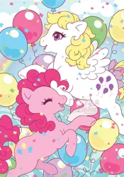 Size: 629x900 | Tagged: safe, artist:celesse, derpibooru import, idw, pinkie pie, surprise, earth pony, pegasus, pony, my little pony: generations, balloon, comic, confetti, cover, duo, g1, g4, g4 to g1, generation leap, generational ponidox, image, jpeg