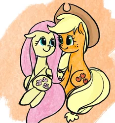 Size: 632x679 | Tagged: safe, artist:laya-21, derpibooru import, applejack, fluttershy, earth pony, pegasus, pony, appleshy, female, image, jpeg, lesbian, shipping, smiling