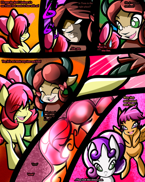 Size: 2400x3000 | Tagged: safe, artist:keytee-chan, derpibooru import, apple bloom, scootaloo, sweetie belle, yona, comic:the great big fusion 3 remake, comic, cutie mark crusaders, eyes closed, fusion, high res, image, jojo reference, merging, png, smiling