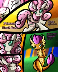 Size: 2400x3000 | Tagged: safe, artist:keytee-chan, derpibooru import, apple bloom, ocellus, scootaloo, smolder, sweetie belle, yona, oc, oc:princess fresh rose, comic:the great big fusion 3 remake, comic, cutie mark crusaders, eyes closed, fusion, high res, image, merging, png, smiling