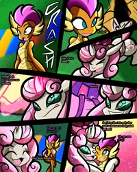 Size: 2400x3000 | Tagged: safe, artist:keytee-chan, derpibooru import, apple bloom, ocellus, scootaloo, smolder, sweetie belle, yona, oc, oc:princess fresh rose, comic:the great big fusion 3 remake, comic, cutie mark crusaders, eyes closed, fusion, high res, image, merging, pleading, png, smiling, tsundere
