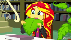 Size: 640x360 | Tagged: safe, derpibooru import, screencap, sunset shimmer, epic fails (equestria girls), eqg summertime shorts, equestria girls, animated, biting, clothes, cute, cutie mark, cutie mark on clothes, female, gif, gifs.com, image, jacket, leaf, leather, leather jacket, library, shimmerbetes, solo