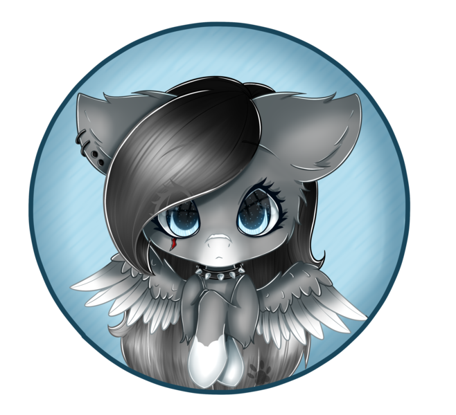 Size: 2565x2338 | Tagged: safe, artist:maneblue, derpibooru import, oc, unofficial characters only, pegasus, pony, chibi, choker, coat markings, ear fluff, ear piercing, earring, eye clipping through hair, female, image, jewelry, mare, pegasus oc, piercing, png, simple background, socks (coat marking), solo, spiked choker, spread wings, transparent background, wings