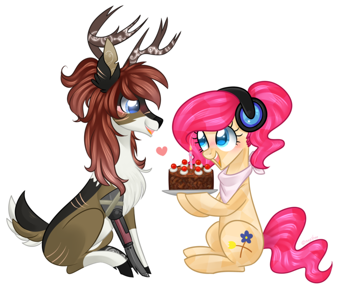 Size: 4300x3700 | Tagged: safe, artist:kaikururu, derpibooru import, oc, unofficial characters only, deer, earth pony, pony, antlers, breasts, cake, deer oc, duo, eyelashes, food, headphones, image, neckerchief, oc x oc, png, shipping, simple background, transparent background