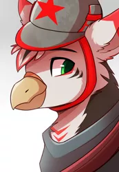 Size: 886x1280 | Tagged: safe, artist:greenstorm64, derpibooru import, oc, oc:redwing ilyushin, gryphon, bust, griffon oc, hat, image, png, portrait