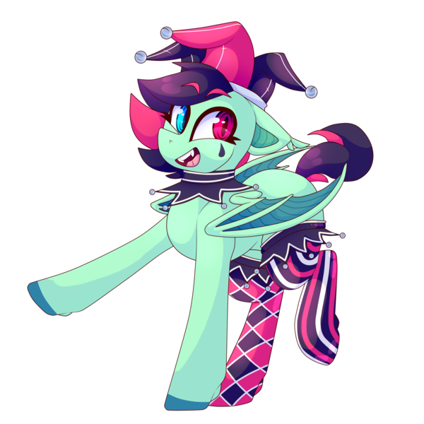 Size: 2000x2000 | Tagged: safe, artist:star-theft, derpibooru import, oc, oc:jester jokes, bat pony, pony, clothes, female, hat, heterochromia, image, jester hat, mare, png, simple background, socks, solo, stockings, thigh highs, transparent background