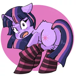 Size: 1280x1280 | Tagged: safe, artist:lolettecore, derpibooru import, twilight sparkle, pony, unicorn, abstract background, anime, butt, chibi, clothes, cute, female, hooves, horn, image, mare, open mouth, plot, png, raised leg, shading, simple background, socks, solo, striped socks, tail, twibutt, unicorn twilight, white background