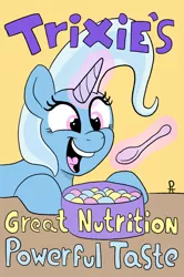 Size: 874x1319 | Tagged: safe, artist:pony-thunder, derpibooru import, trixie, pony, unicorn, bowl, cereal box, eyelashes, female, horn, image, magic, mare, open mouth, open smile, png, simple background, smiling, solo, spoon, telekinesis, text, yellow background