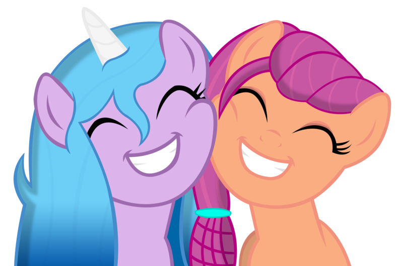 Size: 8000x5288 | Tagged: safe, artist:laszlvfx, derpibooru import, izzy moonbow, sunny starscout, earth pony, pony, unicorn, ^^, absurd resolution, cheek to cheek, duo, duo female, eyes closed, female, g4, g5, g5 to g4, generation leap, grin, horn, image, mare, png, show accurate, simple background, smiling, squishy cheeks, transparent background, vector