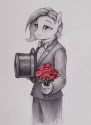 Size: 888x1210 | Tagged: safe, artist:thebowtieone, derpibooru import, oc, oc:bowtie, anthro, bowtie, clothes, flower, hat, image, png, solo, suit, top hat, traditional art