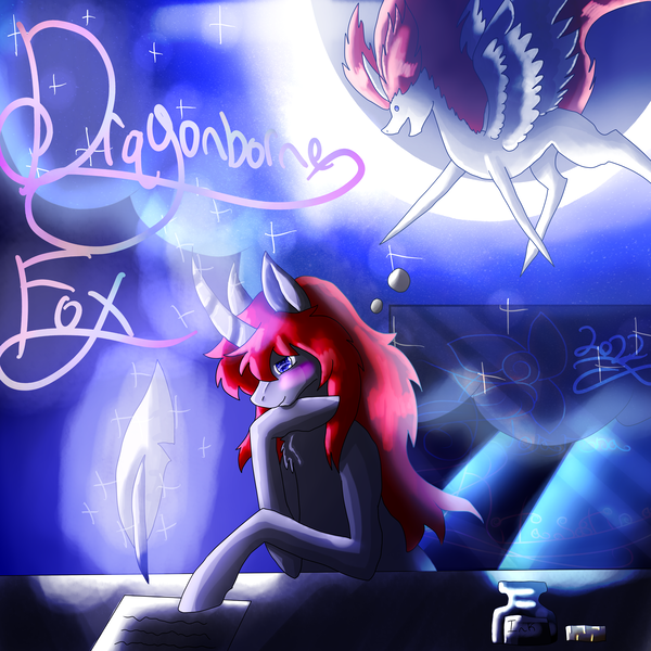 Size: 5800x5800 | Tagged: safe, artist:florarena-kitasatina/dragonborne fox, derpibooru import, oc, oc:crimson flame, unofficial characters only, alicorn, unicorn, absurd resolution, crescent moon, image, imagining, ink, moon, paper, png, quill, signature, thought bubble, watermark