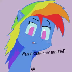 Size: 2048x2048 | Tagged: safe, artist:zephlo, derpibooru import, rainbow dash, pegasus, pony, asking, blushing, dialogue, ear piercing, earring, fangs, high res, image, jewelry, looking at you, mischief, noise, piercing, png, raised eyebrow, simple background, smiling, smirk, solo, teeth