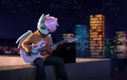 Size: 4466x2827 | Tagged: safe, artist:mrscroup, derpibooru import, oc, oc:#c0ffee, unofficial characters only, anthro, pegasus, amplifier, city, cityscape, clothes, cute, electric guitar, guitar, high res, hoodie, image, jpeg, male, musical instrument, ocbetes, pegasus oc, rooftop, solo, wings