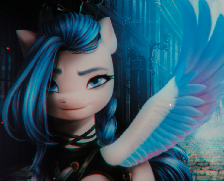 Size: 994x804 | Tagged: safe, artist:mira.veike, derpibooru import, edit, pegasus, pony, arcane, art, crossover, digital, digital art, drawing, emulation, fanart, female, g5, illustration, image, jinx (league of legends), league of legends, mare, mlp a new generation, mlp edit, mlpgen5, my little pony, photoshop, png, recolor, solo